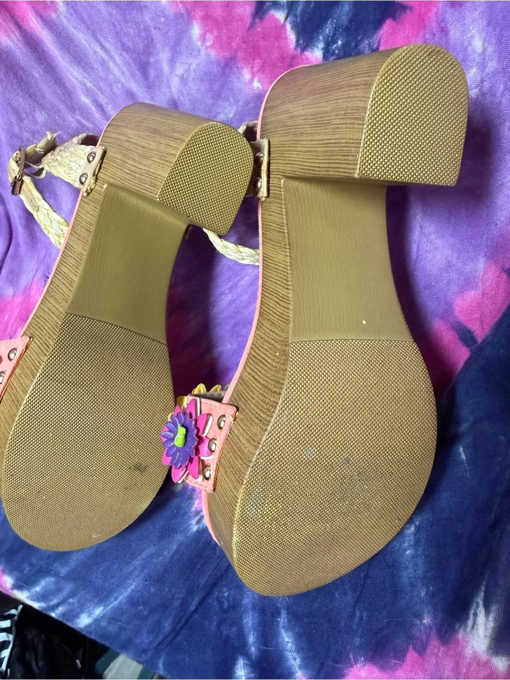 Betsey Johnson Coral Pink Floral Platform Sandals with Braided Ankle Strap